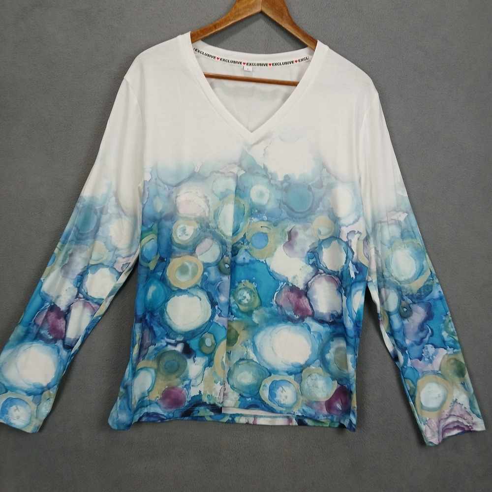 Exclusive‎ Shirt Womens Large Multicolor Abstract Paint Print V Neck Casual